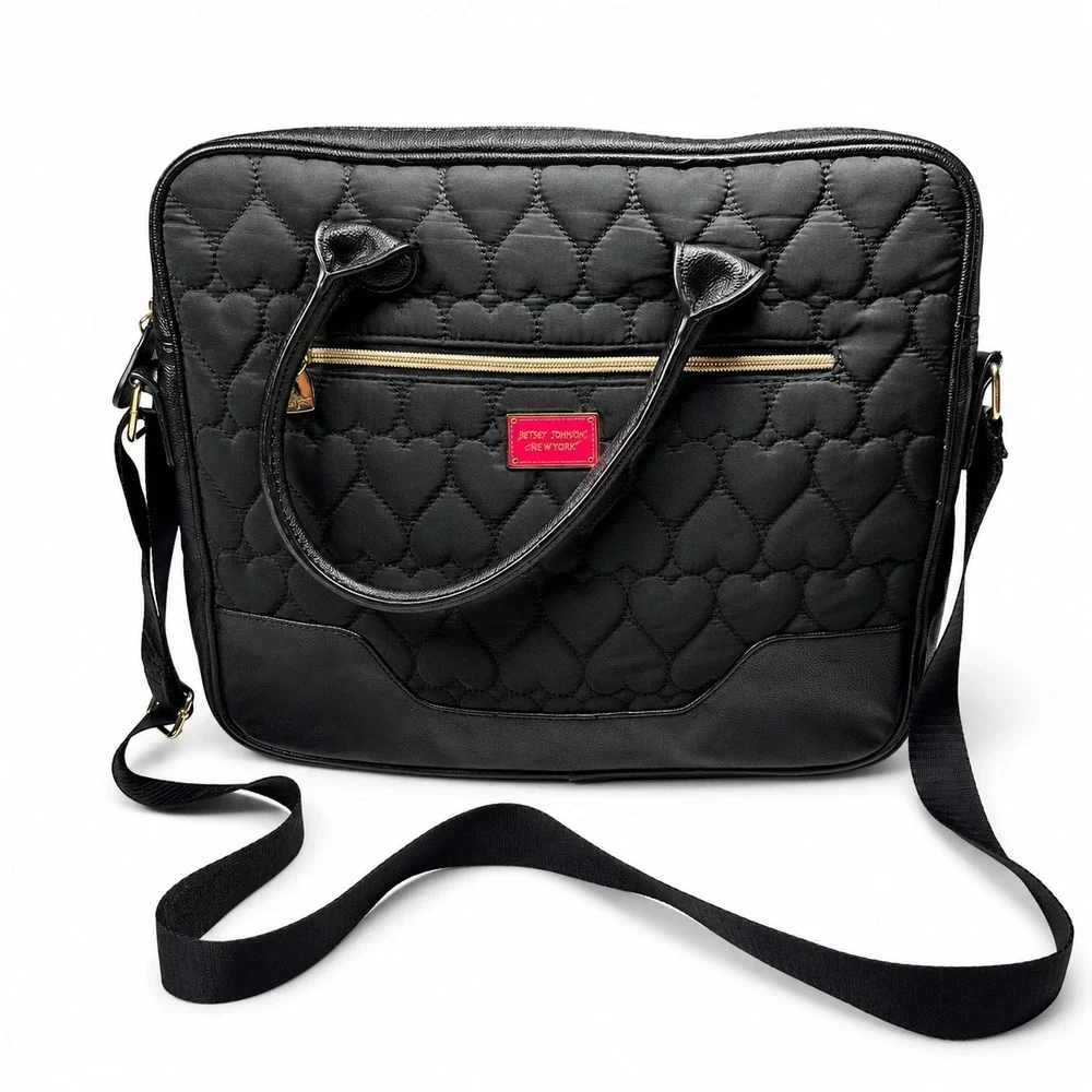 Betsey Johnson Laptop Bag Womens Black Quilted Heart Messenger Crossbody Satchel